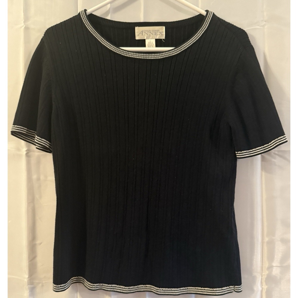 Vintage Casual Corner Sweater Women Black Ribbed Short Sleeve Stretch Top L